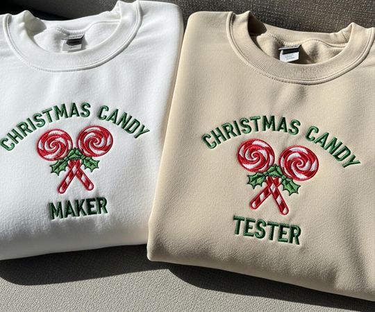 Matching Couple Embroidered Christmas Candy Sweatshirt: Holiday Pullover