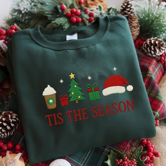 Discover Embroidered Christmas Sweatshirt Tis The Season, Holiday Crewneck, Christmas Tree Coffee Santa Hat Gifts Sweater, Festive Winter Embroidery