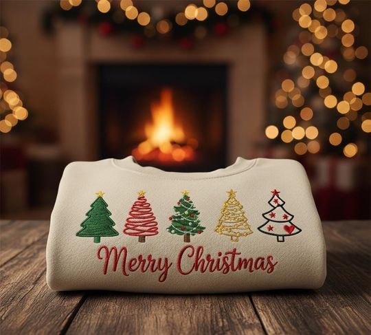 Discover Merry Christmas Sweatshirt  Holiday Pullover with Embroidered Christmas Trees, Cozy Winter Festive Sweater