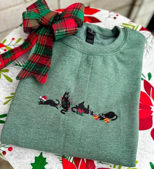 Discover Christmas Cat Embroidered Sweatshirt, Cat Lover Crewneck, Christmas Gift, Festive Green Holiday Pet Sweater, Stocking Stuffer, Funny Sweater