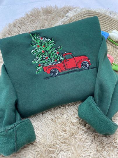 Discover Christmas Truck Embroidered Sweatshirt - Custom Holiday Sweater - Cute Christmas Apparel - Gift for Her - Cute Christmas Truck Sweatshirt