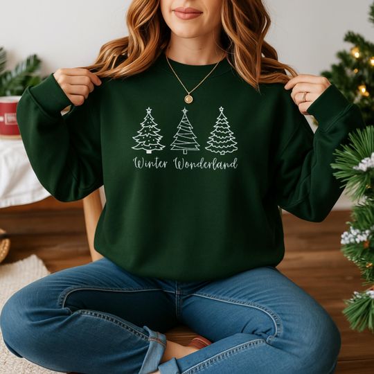 Discover Embroidered Winter Wonderland  Sweatshirt | Holiday Crewneck | Christmas Trees Embroidery | Cozy Gildan 18000 Unisex Sweater