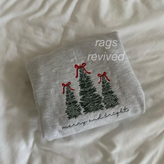 Discover Merry & Bright Embroidered Sweatshirt Christmas Trees Bow Holiday Embroidery