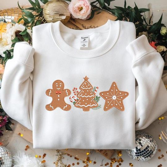 Discover Gingerbread Embroidered Sweatshirt, Christmas Cookie Embroidery Shirt, Holiday Gingerbread Man Star Tree Sweater, Festive Xmas Embroidery