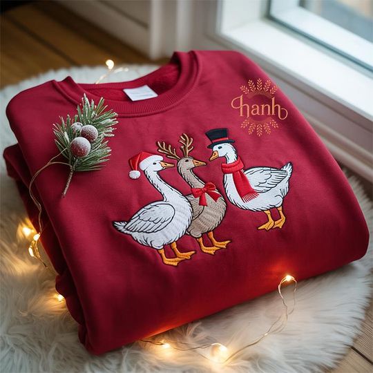 Discover Christmas Geese Embroidered Sweatshirt  Festive Holiday Crewneck Pullover