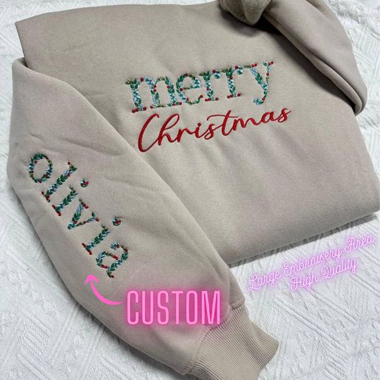 Discover Embroidered Christmas Crewneck Sweatshirt, Embroidered Floral Merry Christmas Hoodies , Embroidered Floral Sweater, Custom Xmas Gift