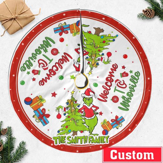 Personalized Family Grin Christmas Tree Skirt, Welcome to Whoville funny character Christmas Tree Skirt,  Holiday tree Skirt