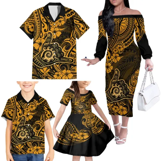 Discover Hawaii Shaka Sign Family Matching Off Shoulder Long Sleeve Dress and Hawaiian Sh