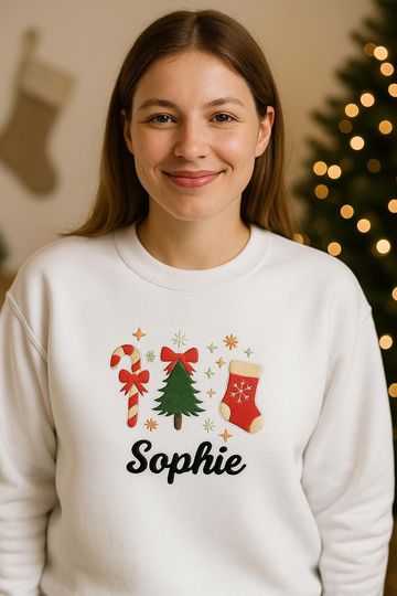 Embroidered Christmas Sweater White, Personalized Holiday Crewneck, Coquette Xmas Sweatshirt, Custom Embroidery Gift for Her