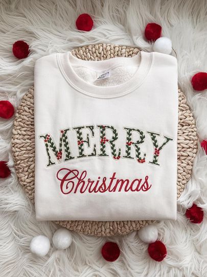Discover Embroidered Merry Christmas Sweatshirt, Santa Christmas Crewneck, Xmas sweatshirt, Merry Christmas Gift, Gifts for Friends