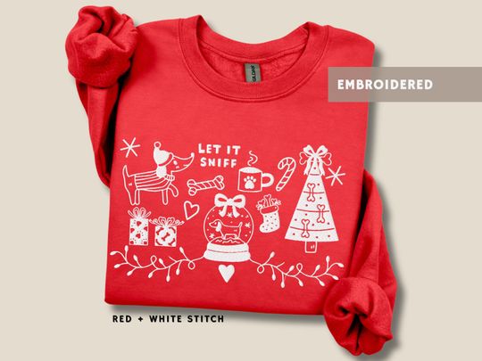 Discover Embroidered Dog Lover Christmas Sweatshirt Nordic Doodle Dog Mom Jumper Funny Let It Sniff Holiday Gift for Pet Parents Cozy Winter Sweater