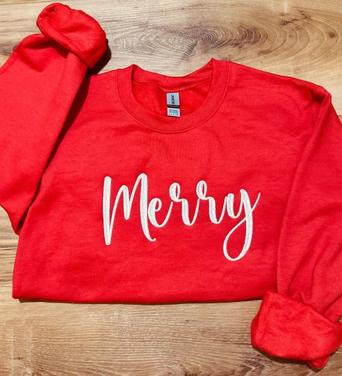 Discover Merry Embroidered Sweatshirt, Christmas Embroidered Sweater, Ugly Christmas Sweater, Christmas Sweatshirt, Holiday Sweatshirt,Christmas Gift