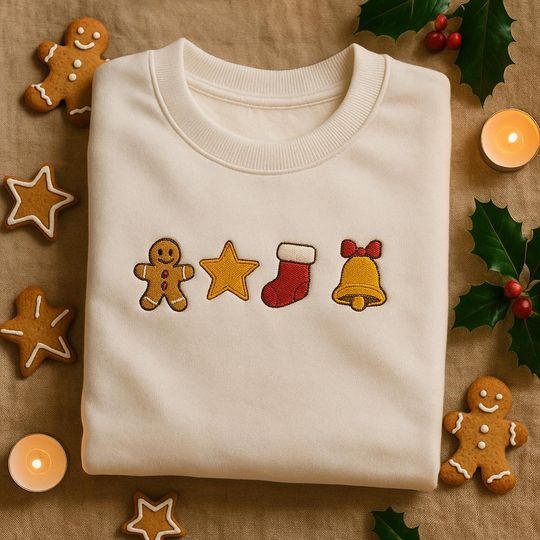 Embroidered Gingerbread Man Sweatshirt, Festive Holiday Crewneck, Cute Xmas Stocking & Bell Jumper, Winter Sweater, Cozy Gift for Her