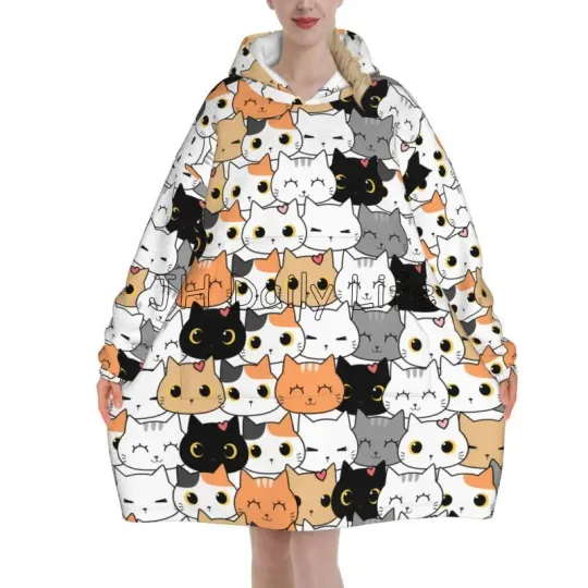 Cute Cat with Scarf Wearable Hoodie Blanket Women Oversized Soft Flannel Sweatshirt Warm Cozy Fleece Sherpa Blanket