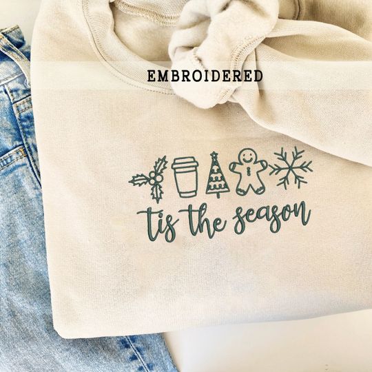 Discover Embroidered Christmas Sweatshirt, Holiday Sweater, Cute Gingerbread Sweatshirt, Christmas Crewneck, 'Tis The Season Embroider Sweatshirt,