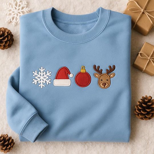 Discover Embroidered Reindeer Sweatshirt, Christmas Snowflake & Hat Crewneck, Festive Holiday Sweater, Cozy Winter Jumper, Cute Xmas Gift for Her
