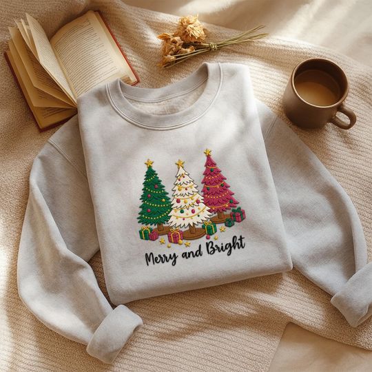 Merry and Bright Pine-Tree Embroidered sweatshirts, holiday sweater, christmas tree sweater, gingerbread, Christmas Crewneck