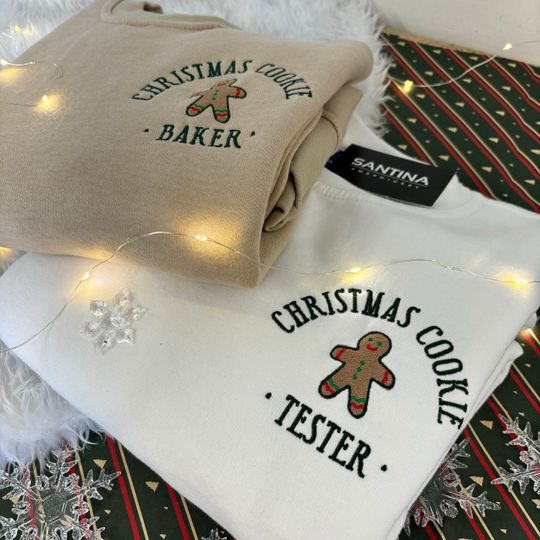 Embroidered Christmas sweatshirts for couples. Christmas cookie baker or tester crewneck. Matching sweaters his and hers best friend gift