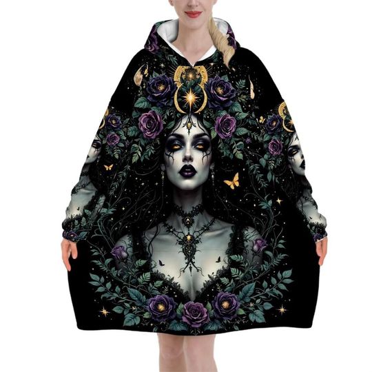 Discover Gothic Goddess Blanket Hoodie, Medusa Black Witchy Black Wildflower Hooded Jumper, Long Sleeve Fashion Loungewear for Women