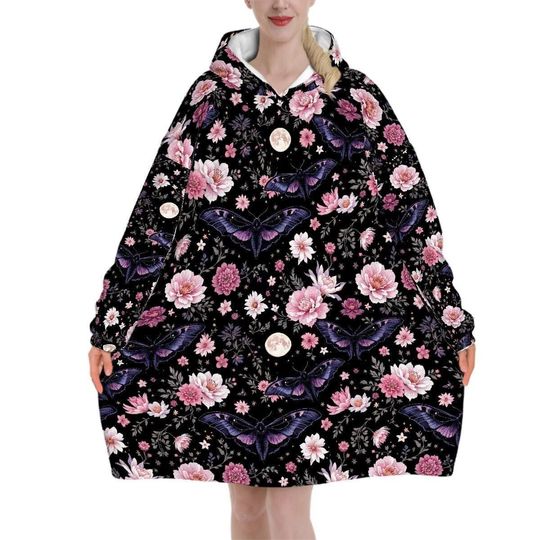 Purple Moth Floral Blanket Hoodie, Pink Boho Witchy Black Hooded Jumper, Gothic Floral Cute Winter Fall Accessory
