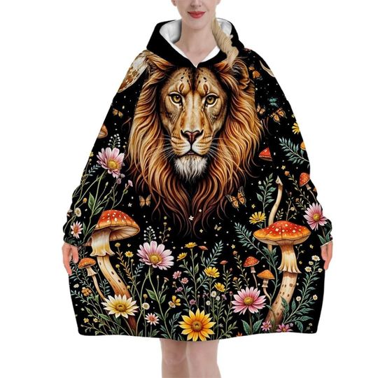 Discover Mystic Lion Wildflower Blanket Hoodie, Mushroom Black Witchy Black Wildflower Hooded Jumper, Hippie Boho Long Sleeve Fashion Loungewear