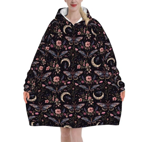 Moth Butterfly Wildflower Blanket Hoodie, Purple Pink Boho Witchy Black Hooded Jumper, Gothic Winter Fall Accessory