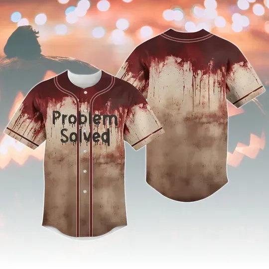 Discover Problem Solved Blood Baseball Jersey, Funny Halloween Horror Jersey For Fan, Scary Movie Party Outfit, Spooky Gift For Men Women