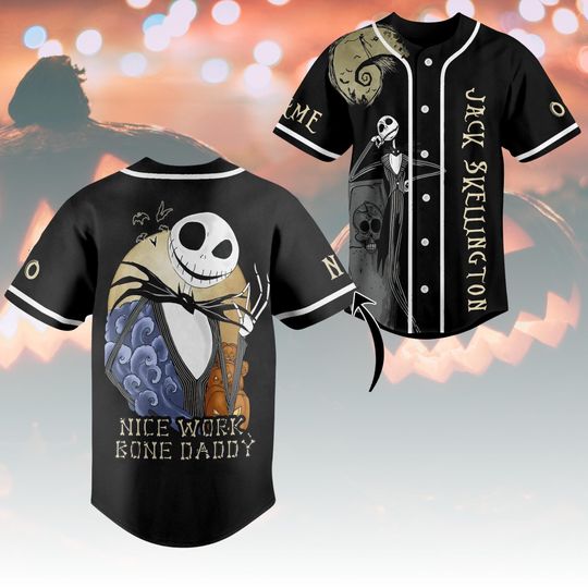 Discover Personalized Jack Skellington Baseball Jersey, Movie Character Baseball Shirt, Haunted Holiday Outfit, Nightmare Before Christmas