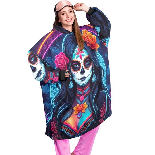 Day of the Dead Blanket Hoodie Da De Los Muertos Chicano Blanket