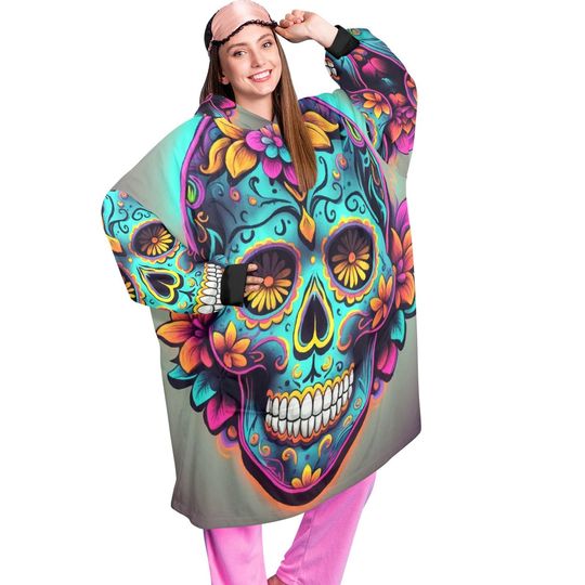 Sugar Skull Blanket Hoodie Da De Los Muertos Chicano Art