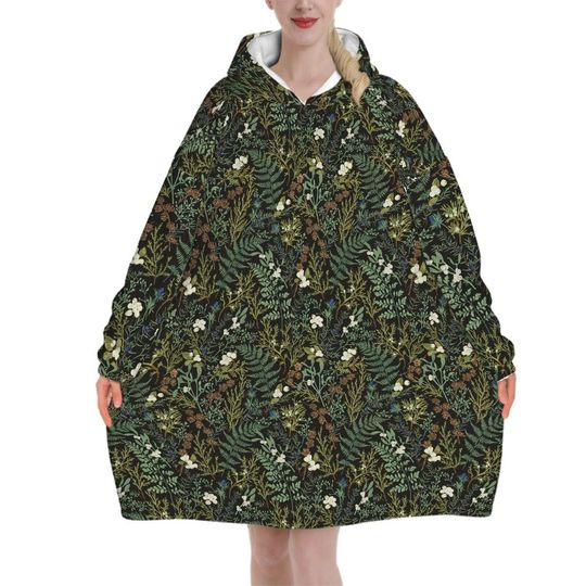 Green Wildflowers Blanket Hoodie, Cottagecore Boho Witchy Black Womens Hooded Jumper, Nature Winter Fall Accessory