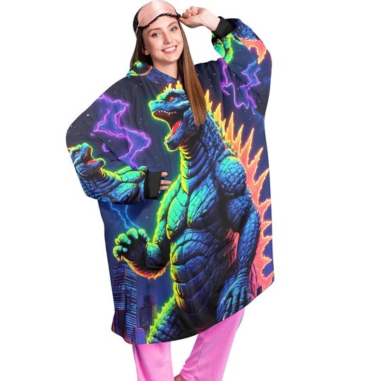 god zilla Blanket Hoodie Retro Kaiju Neon Art Personalized Fleece