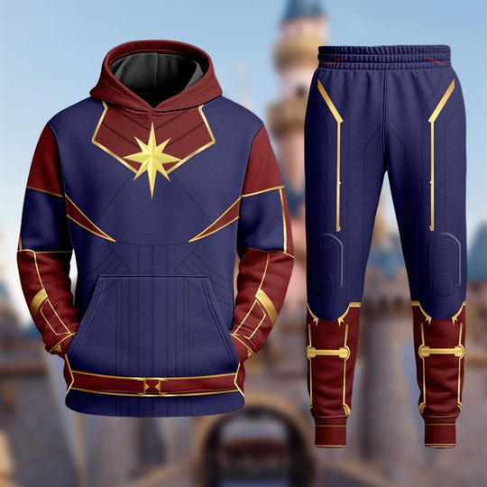 Captain Marvel Cosplay Hoodie Joggers Set with 3D Print, Halloween Costume, All Over Print Outfit