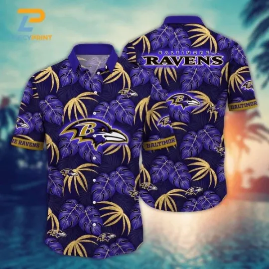 Discover Baltimore Ravens Goldean Monstera Leaves Pattern Men Hawaiian Shirts