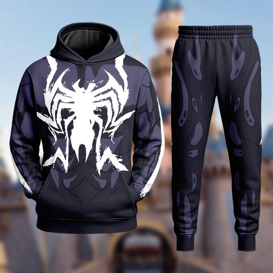Black Spiderman Costume Hoodie Jogger Set with 3D Symbiote Spider Print and All-Over Halloween Design