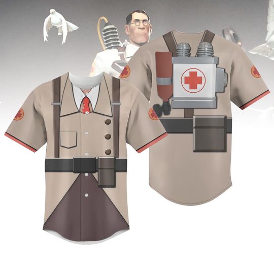 Discover Medic TF2 Costume Baseball Jersey, Team Fortress 2 Cosplay Shirt, Gamer Halloween Jersey Shirt, Video Game Character Jersey For Fan