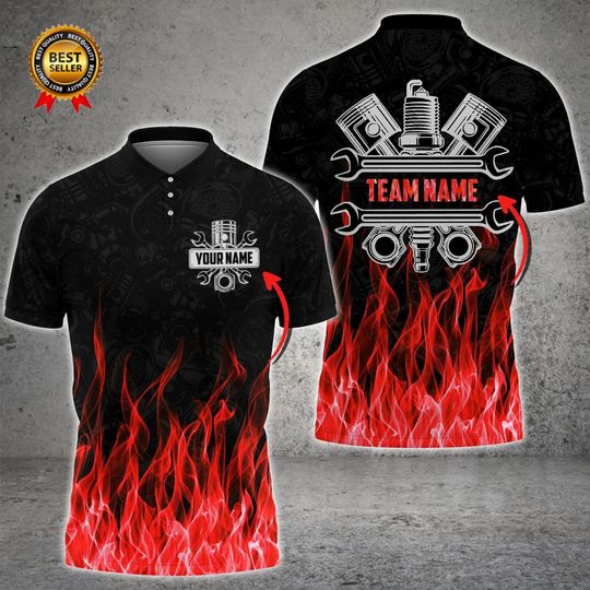 Discover Custom Mechanic Flame Polo Shirt - Personalized Name & Team Design