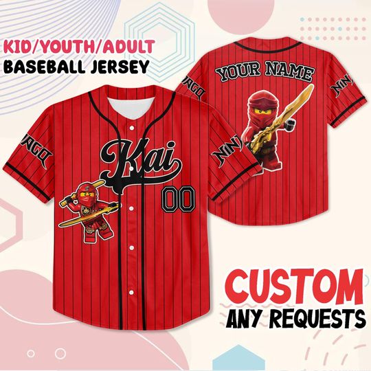 Discover Custom Kai Ninjago Jersey, Personalized Red Ninja Baseball Shirt with Name and Number, Kids Youth Adult Cosplay Halloween Outfit Gift
