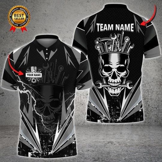 Discover Custom Mechanic Skull Polo Shirt - Personalized Name & Team Design
