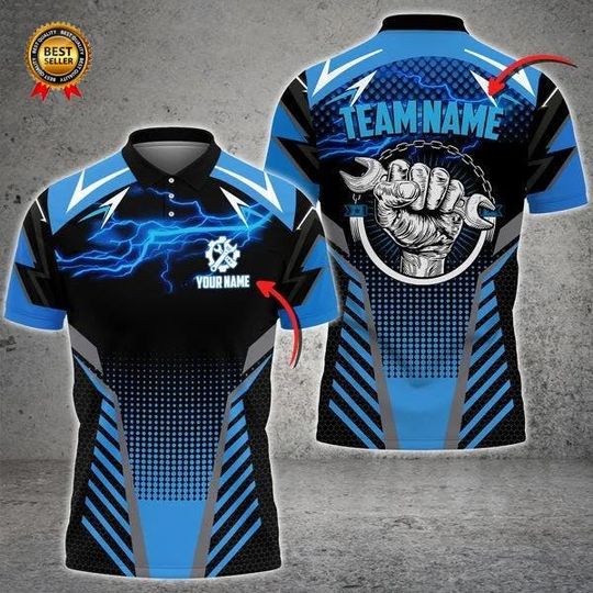 Discover Custom Mechanic Polo Shirt - Personalized Blue Wrench Design for Mechanics