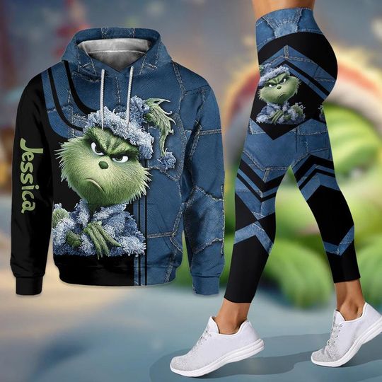 Discover Merry Christmas Personalized Stole Christmas Hoodie Leggings Set, Green Monster Xmas Hooded Shirt, Denim Pattern Shirt for Her