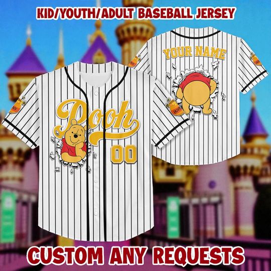 Personalize Winnie the Pooh Baseball Jersey, Custom Kid Youth Adult Disney Jersey, Baseball Disneyland Trip Gift for Sport Fans