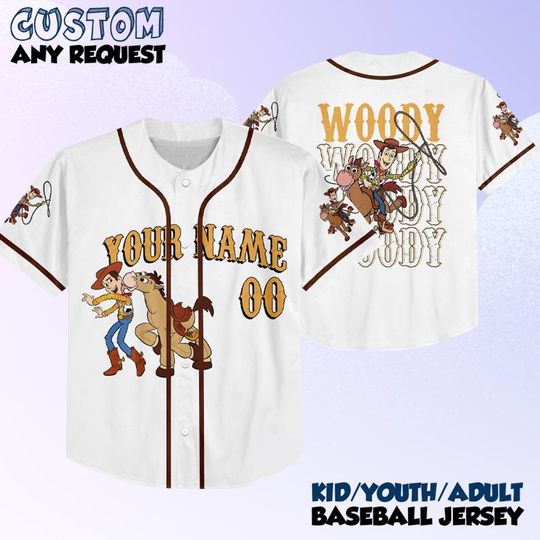 Custom Toy Story Woody Baseball Jersey, Matching Baseball Team Outfit, Adult Youth Toddler Jersey, Toy Story Jersey, Gift for Disney Fans