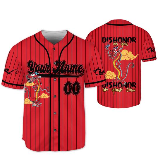 Discover Custom Mushu Dragon Dishonor On You Dishonor On Your Cow Baseball Jersey, Disney Mulan Baseball Shirt, Disneyland Family Trip Tee