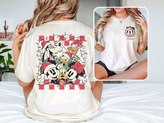 Discover Customize Retro Mickey Minnie Christmas Checkered Shirt Disney Christmas Lights Shirt Disney Christmas Party 2024 Very Merry Christmas Shirt