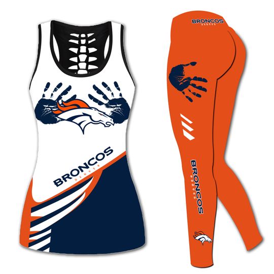 Denver Broncos Hollow Tank Top Legging Set, Women Yoga Set