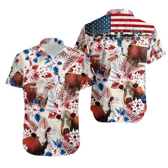 Hereford Cattle American Flag Hawaiian Shirt, Cow Flower Aloha Hawaiian Shirt