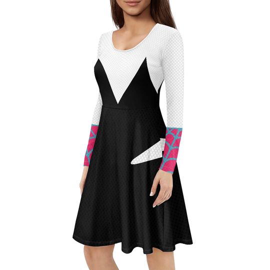 Gwen Stacy Ghost Spider Dress  Black Pink White Long Sleeve Midi Dress, Adult Casual Cosplay Costume