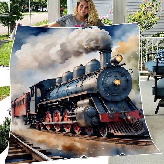 Train Blanket,  Goods Wagons Minky Blanket, ized Steam Locomotive Fleece Blankie, Boys Birthday Gift, Bedroom Throw