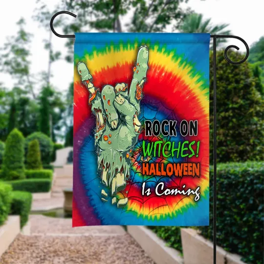 Rock On Witches Halloween Is Coming Flag, Halloween Witch Flag, Hippie Witch